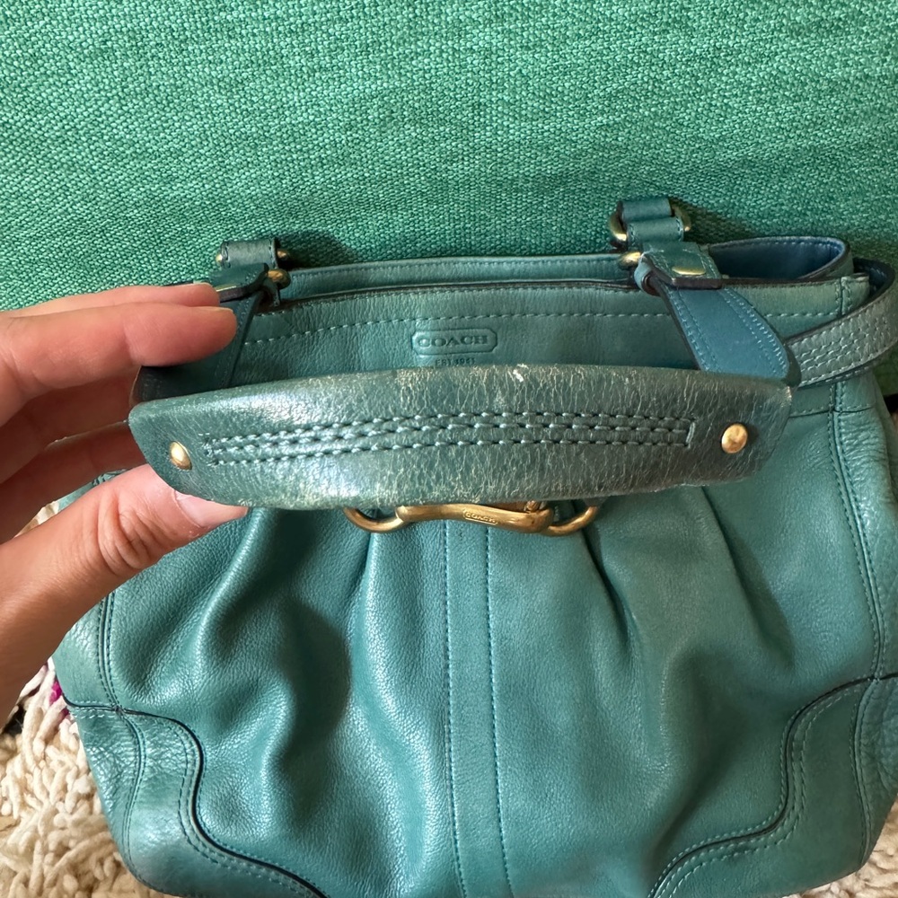 Vintage Coach Teal Pleated Hamptons Leather Shoulder/Carryall Bag - Picture 7 of 9